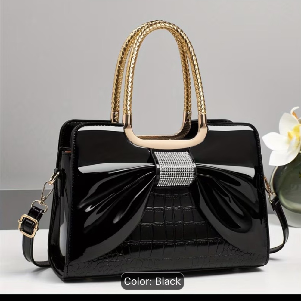 Black faux Patent leather Satchel Bag /Shoulder bag Bow Accent and Gold Handles